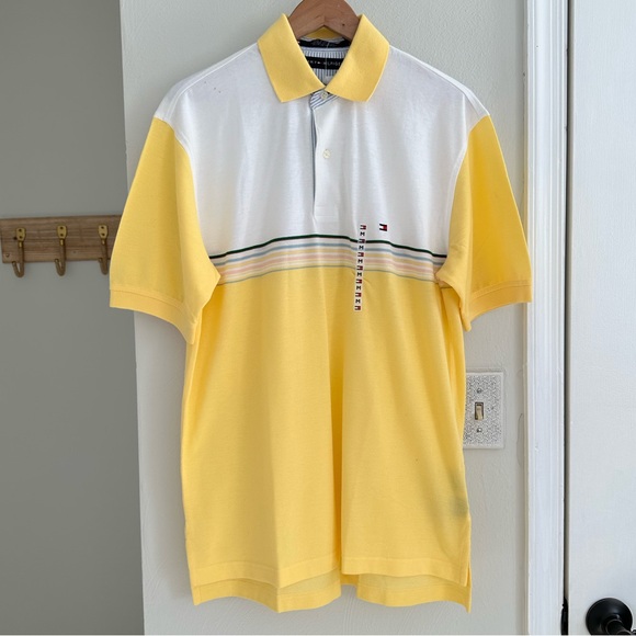 Tommy Hilfiger Men’s Yellow & White Striped Polo NWT Sz: Med - Picture 1 of 7